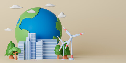 3d rendering earth with city, tree and wind turbines. Concept environment and renewable energy illustration. © pprothien