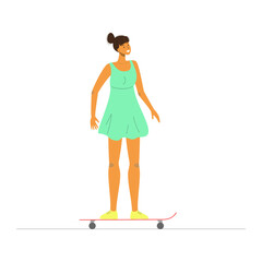 Happy woman riding on skate board.