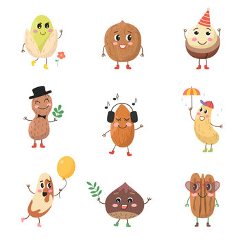 Set of cute cartoon nuts on white background.