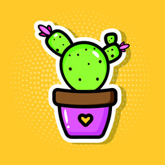 Single illustration of funny cactus with a flower in a pot in popart style