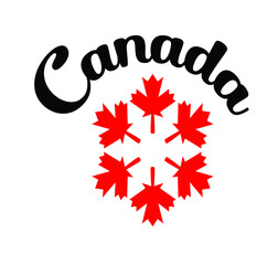 Happy Canada day illustration with flat symbols and hand drawn lettering, Canada day vector Illustration 1st July. Vector Illustration greeting card. Canada Maple leaves on white background