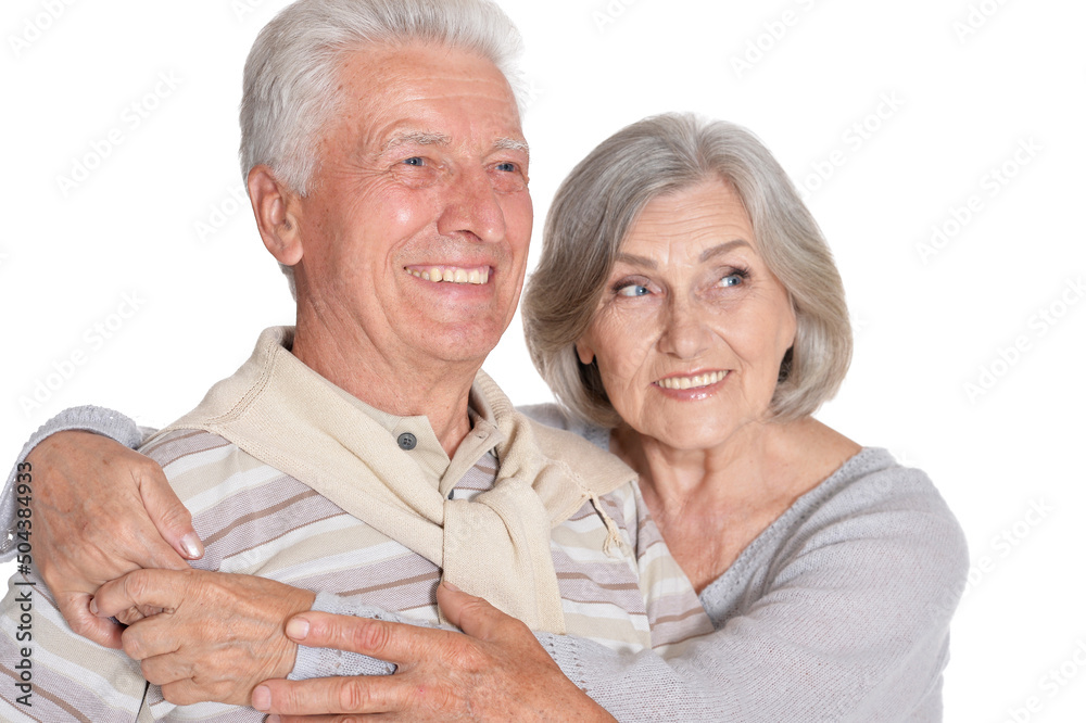 Sticker Portrait of happy senior couple hugging on white background