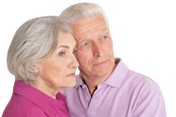 Sad senior couple isolated on white background