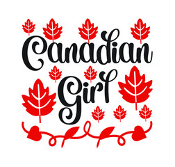 Happy Canada day illustration with flat symbols and hand drawn lettering, Canada day vector Illustration 1st July. Vector Illustration greeting card. Canada Maple leaves on white background