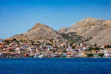 Fototapeta na wymiar Beautiful Chalki town center on Chalki island, Dodecanese islands, Greece