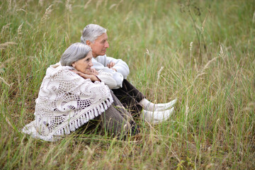 Portrait of happy elderly couple sitting in autumn nature