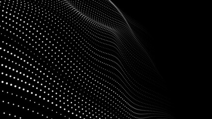 Wave of moving dots on an abstract dark background. 3D Vector illustration.