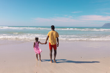 Rear view of african american young man and daughter holding hands and walking at beach against sky