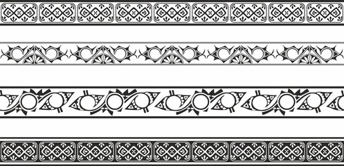 Vector set of seamless monochrome geometric Indian ornaments. Borders, frames, patterns of indigenous peoples of the Americas, Aztec, Maya, Incas.