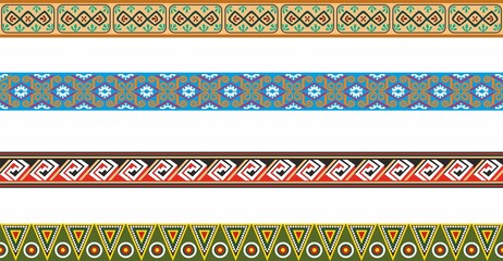 Vector set of seamless colored border ornaments. Native American tribal framework. - obrazy, fototapety, plakaty