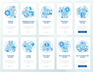 Business co-ops types blue onboarding mobile app screen set. Corporate walkthrough 5 steps graphic instructions pages with linear concepts. UI, UX, GUI template. Myriad Pro-Bold, Regular fonts used