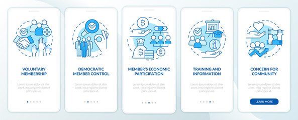 Cooperative principles blue onboarding mobile app screen. Business walkthrough 5 steps graphic instructions pages with linear concepts. UI, UX, GUI template. Myriad Pro-Bold, Regular fonts used