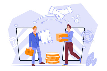 Brand development and franchising concept of distribution of business licenses and sale of copyrights, flat vector illustration isolated on white background.