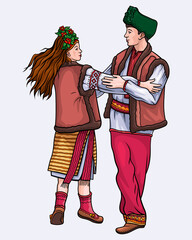 Hutsuls dance. Man and woman in national costume dancing holding hands. Vector illustration on white background