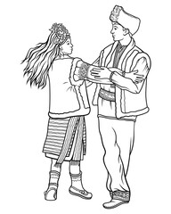 Hutsuls dance. Man and woman in national costume dancing holding hands. Vector linear illustration on white background