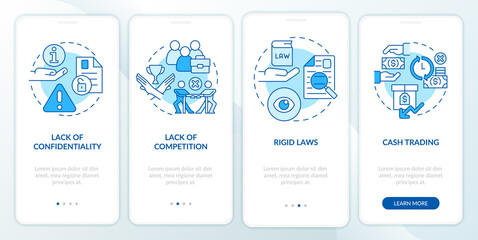 Disadvantages of co-ops blue onboarding mobile app screen. Business walkthrough 4 steps graphic instructions pages with linear concepts. UI, UX, GUI template. Myriad Pro-Bold, Regular fonts used