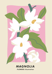 Vector illustration botanical poster with magnolia flowers. Art for postcards, wall art, banner, background. © oxygen_8