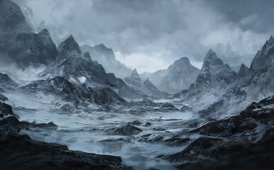 Fantastic Winter Epic  Landscape of Mountains. Celtic Medieval forest. Frozen nature. Glacier in the mountains. Mystic Valley. Artwork sketch. Gaming background. Dark Canyon. Book Cover and Poster.	 