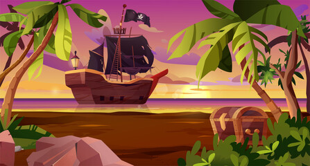 Sailing pirate ship with black flags in the sea and chest on the shore. Wooden sailboat on water.