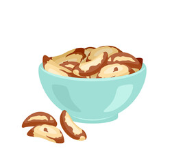 Brazil nut in blue bowl isolated on white. Vector flat illustration of nuts. Organic, vegan, healthy food icon.