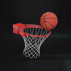 Red basketball rim with a ball floating on a black background, 3d render