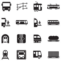 Bus And Train Icons. Black Flat Design. Vector Illustration.