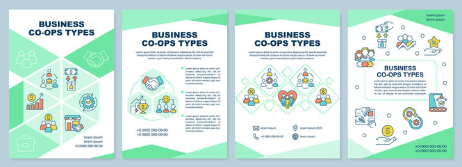 Business co-ops types green brochure template. Corporate partners. Leaflet design with linear icons. 4 vector layouts for presentation, annual reports. Arial-Black, Myriad Pro-Regular fonts used