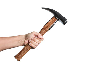 Hand holding a Carpenter's hammer with a wooden handle 