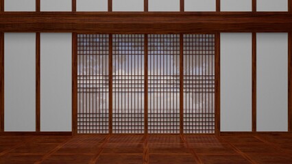 asiatisch inspirierter Innenraum mit halbtransparenter Tür und Blick nach Außen