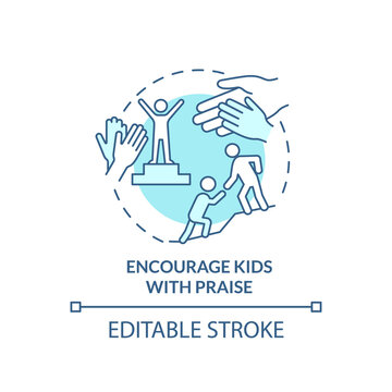 Encourage kids with praise turquoise concept icon. Positive communication abstract idea thin line illustration. Isolated outline drawing. Editable stroke. Arial, Myriad Pro-Bold fonts used