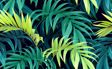 Seamless greeen hand drawn tropical vector pattern with palm leaves on dark background. - 504391764