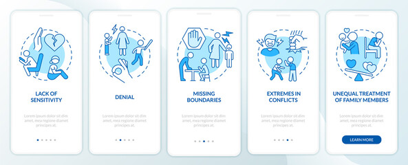 Features of dysfunctional families blue onboarding mobile app screen. Walkthrough 5 steps graphic instructions pages with linear concepts. UI, UX, GUI template. Myriad Pro-Bold, Regular fonts used