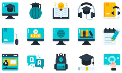 Set of Vector Icons Related to Online Learning. Contains such Icons as Audio Book, Audio Course, Backpack, Certification, Digital Library, Ebook and more.