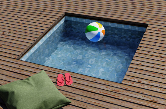 A small mini pool in a wooden terrace on a sunny day, summer or vacation concept, 3d rendering