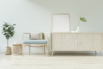 Blank poster on the wall, Living room with rattan chair - 3D Rendering