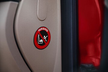AIRBAG warning label in automobile, closeup view
