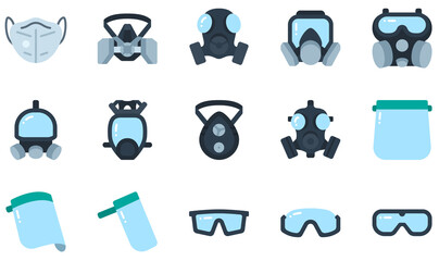 Set of Vector Icons Related to Protective Face Mask. Contains such Icons as Respirator Mask, Gas Mask, Face Shield, 4, Safety Glasses, Mask and more. - obrazy, fototapety, plakaty