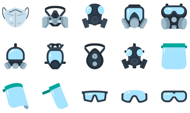 Set of Vector Icons Related to Protective Face Mask. Contains such Icons as Respirator Mask, Gas Mask, Face Shield, 4, Safety Glasses, Mask and more.