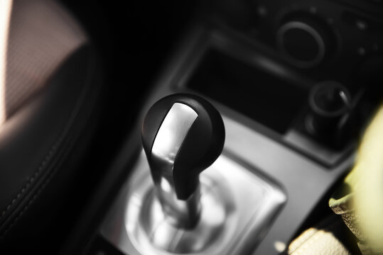 Closeup view of gear stick in modern car