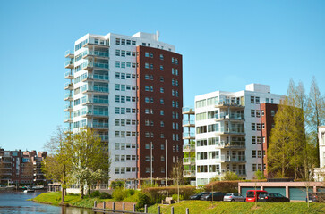 Beautiful view of cityscape with modern buildings near river