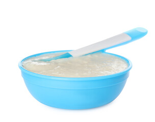 Healthy baby food in bowl on white background