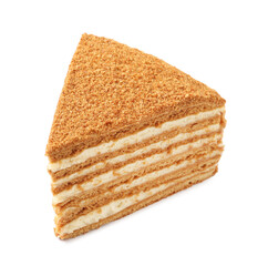Slice of delicious layered honey cake isolated on white