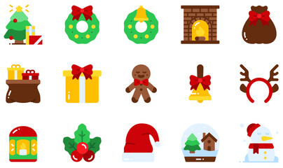 Set of Vector Icons Related to Christmas Decoration. Contains such Icons as Christmas Tree, Christmas Wreath, Fireplace, Gift Bag, Gingerbread, Handbell and more.