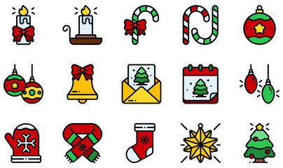 Fototapeta premium Set of Vector Icons Related to Christmas Decoration. Contains such Icons as Candle, Candle Stand, Candy Cane, Christmas Bell, Christmas Card, Christmas Scarf and more.