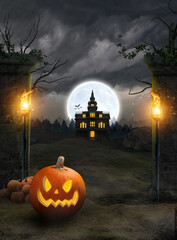 3D rendering , Halloween Background With Scary Pumpkins And Castle , black tone