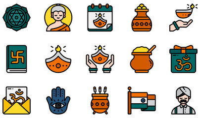 Set of Vector Icons Related to Diwali. Contains such Icons as Anahata, Buddha, Dhanteras, Diwali, Diya, Hamsa and more.