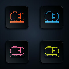 Color neon line Oil tank storage icon isolated on black background. Vessel tank for oil and gas industrial. Oil tank technology station. Set icons in square buttons. Vector