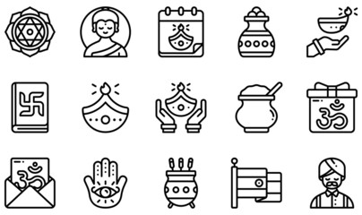 Set of Vector Icons Related to Diwali. Contains such Icons as Anahata, Buddha, Dhanteras, Diwali, Diya, Hamsa and more.