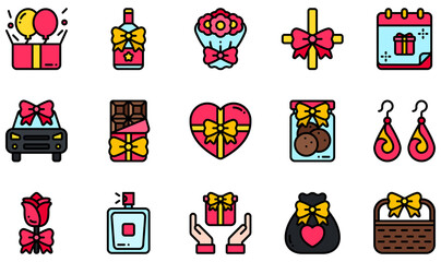 Set of Vector Icons Related to Gift. Contains such Icons as Balloons, Bouquet, Chocolate Bar, Chocolate Box, Cookies, Flower and more.
