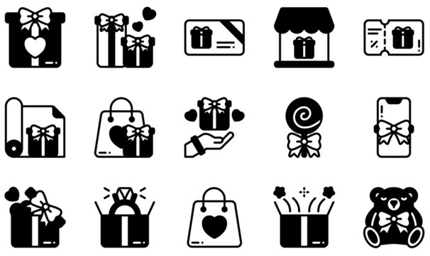 Set of Vector Icons Related to Gift. Contains such Icons as Gift Box, Gift Card, Gift Voucher, Lollipop, Mobile Phone, Ring and more.